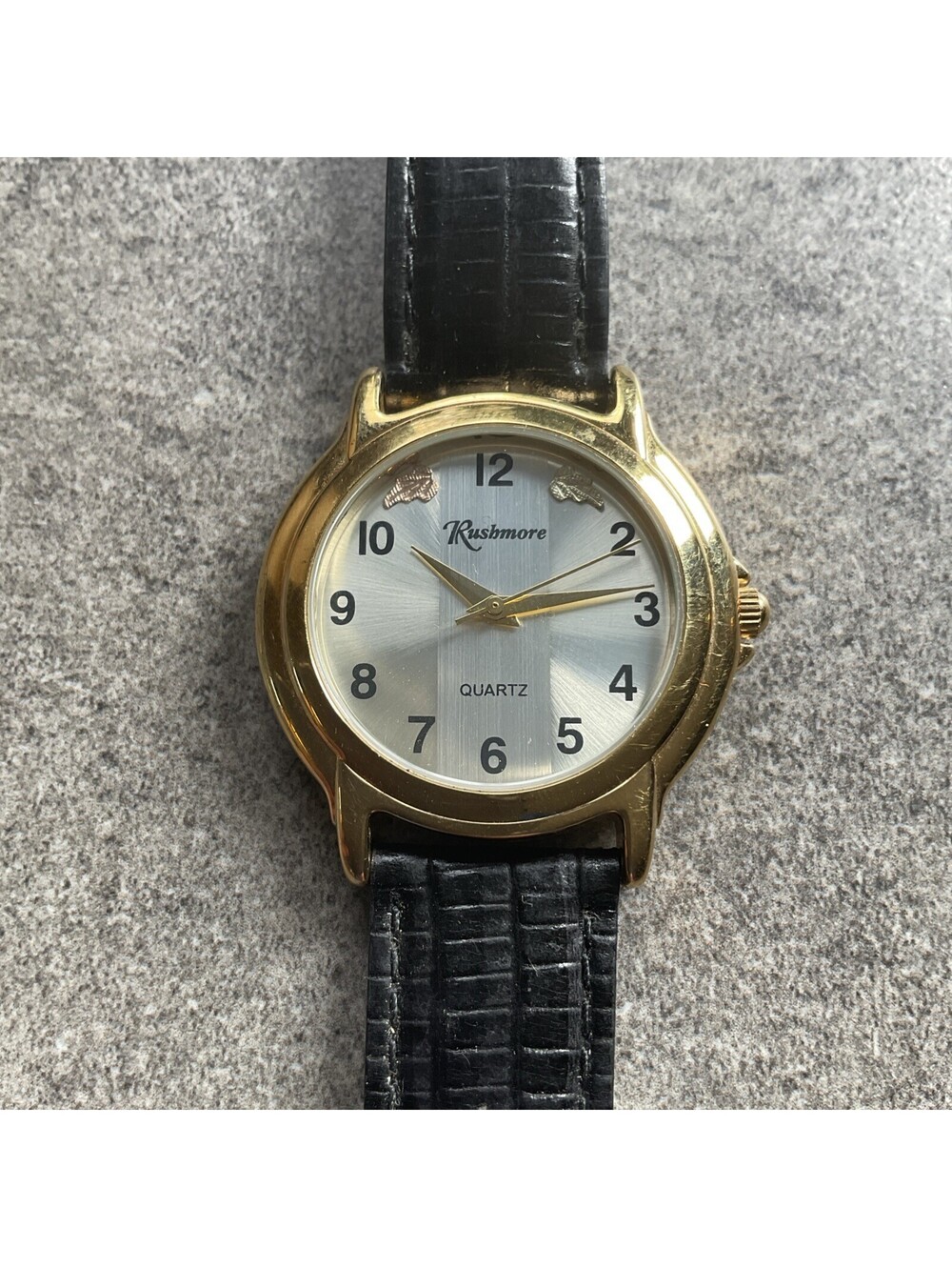 Vintage Rushmore Men’s Watch 37mm Gold Tone Case 12k Gold Leaves On Dial Bin O